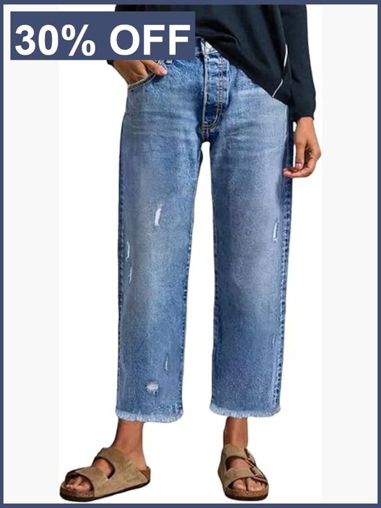 Denim - Wide Leg Straight Ankle Jeans Distressed Frayed Raw Hem Denim Pants with